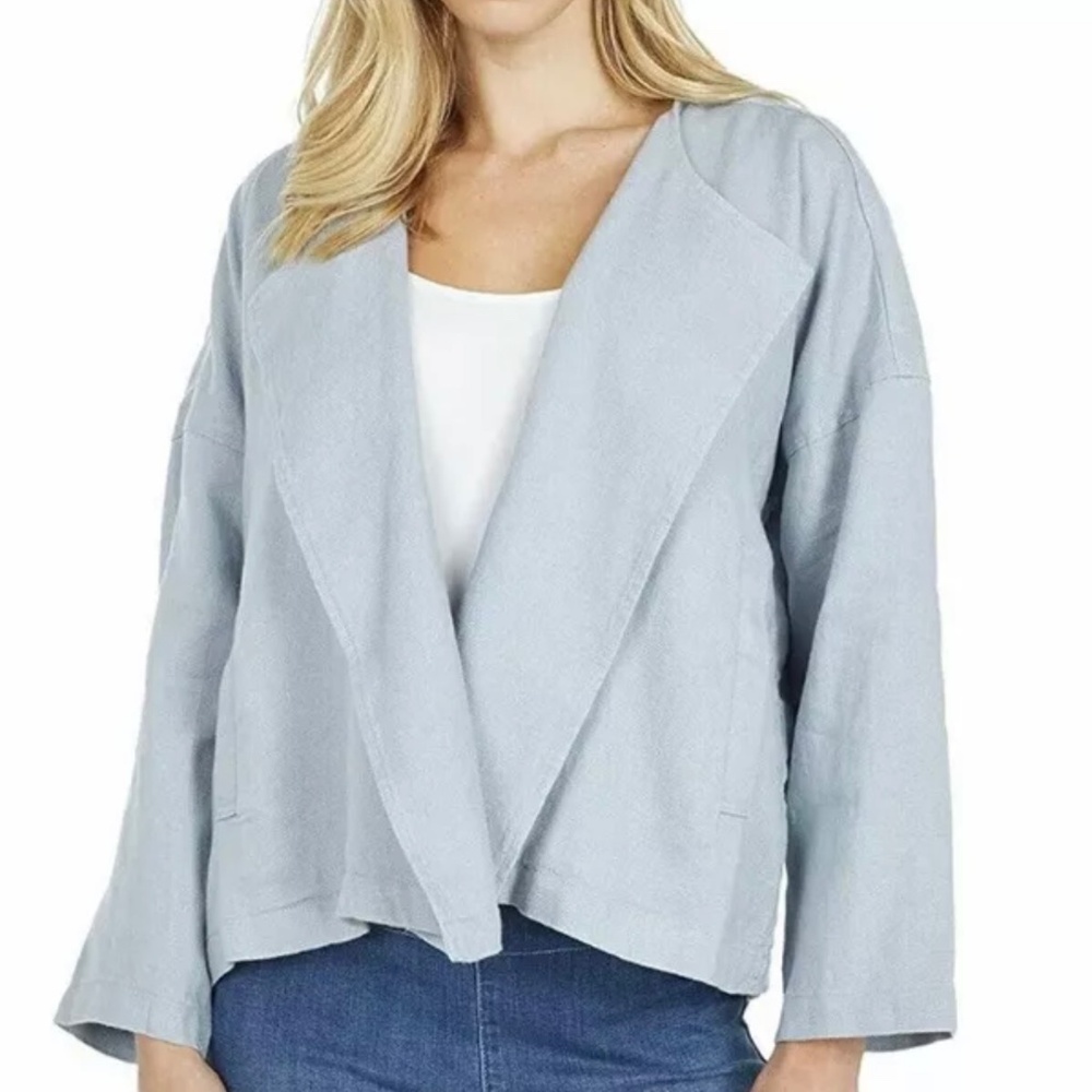 Eileen Fisher Heavy Organic Linen Draped Open Front Jacket Light Blue Size M